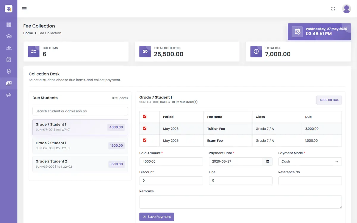Education Eye fee management CRM screenshot